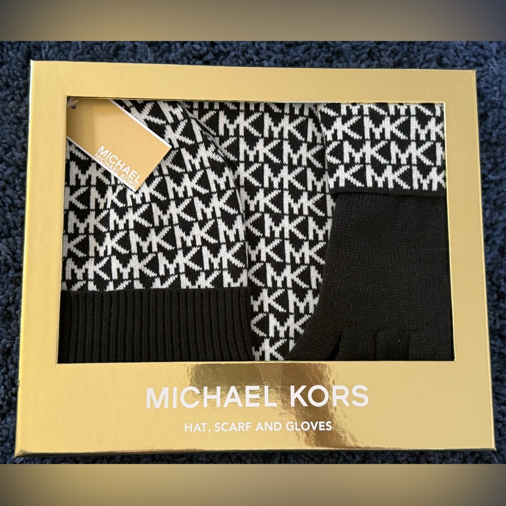 Michael Kors Black and White Logo Hat, Scarf and Gloves